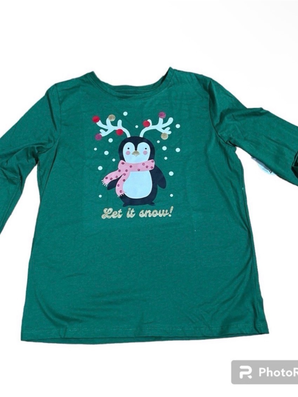 Holiday Time Girls Christmas Shirt 18 Green Long Sleeve Penguin Let It Snow